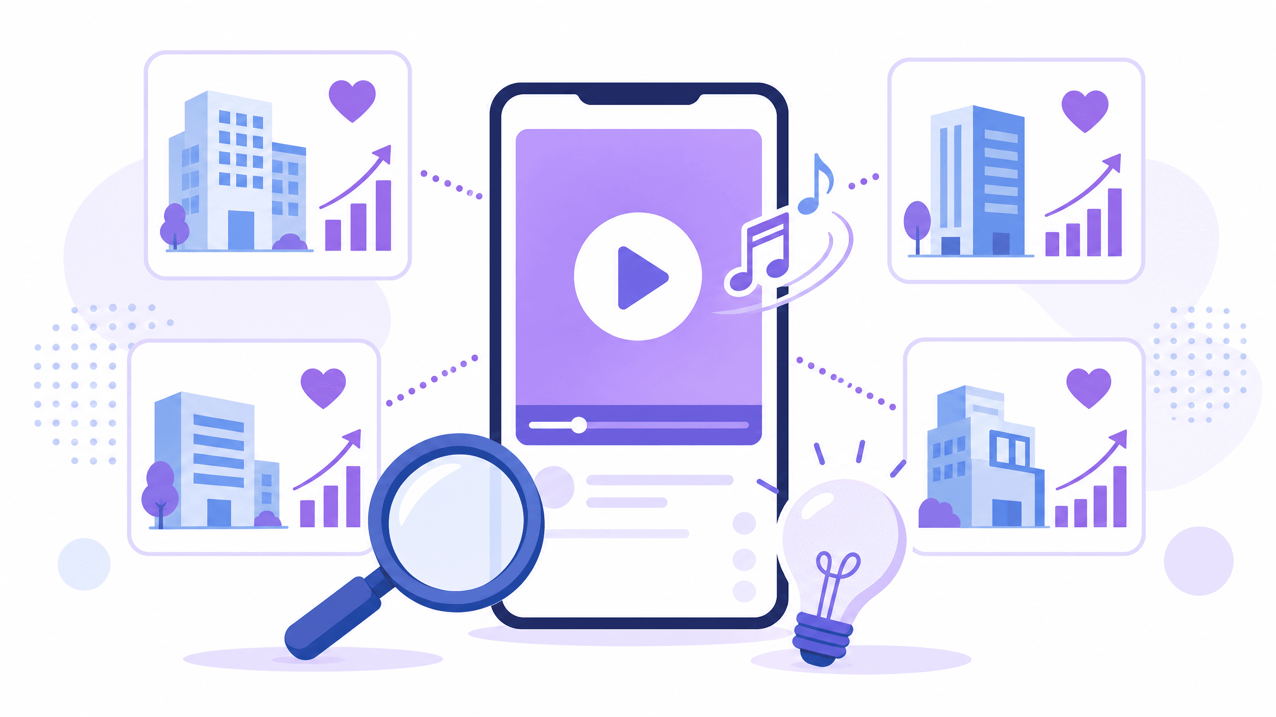 縦型のスマホ画面の動画の周りに、成果が上がった会社を表す建物のカードが並び、虫眼鏡と電球で事例から工夫を見つける様子を表した図解