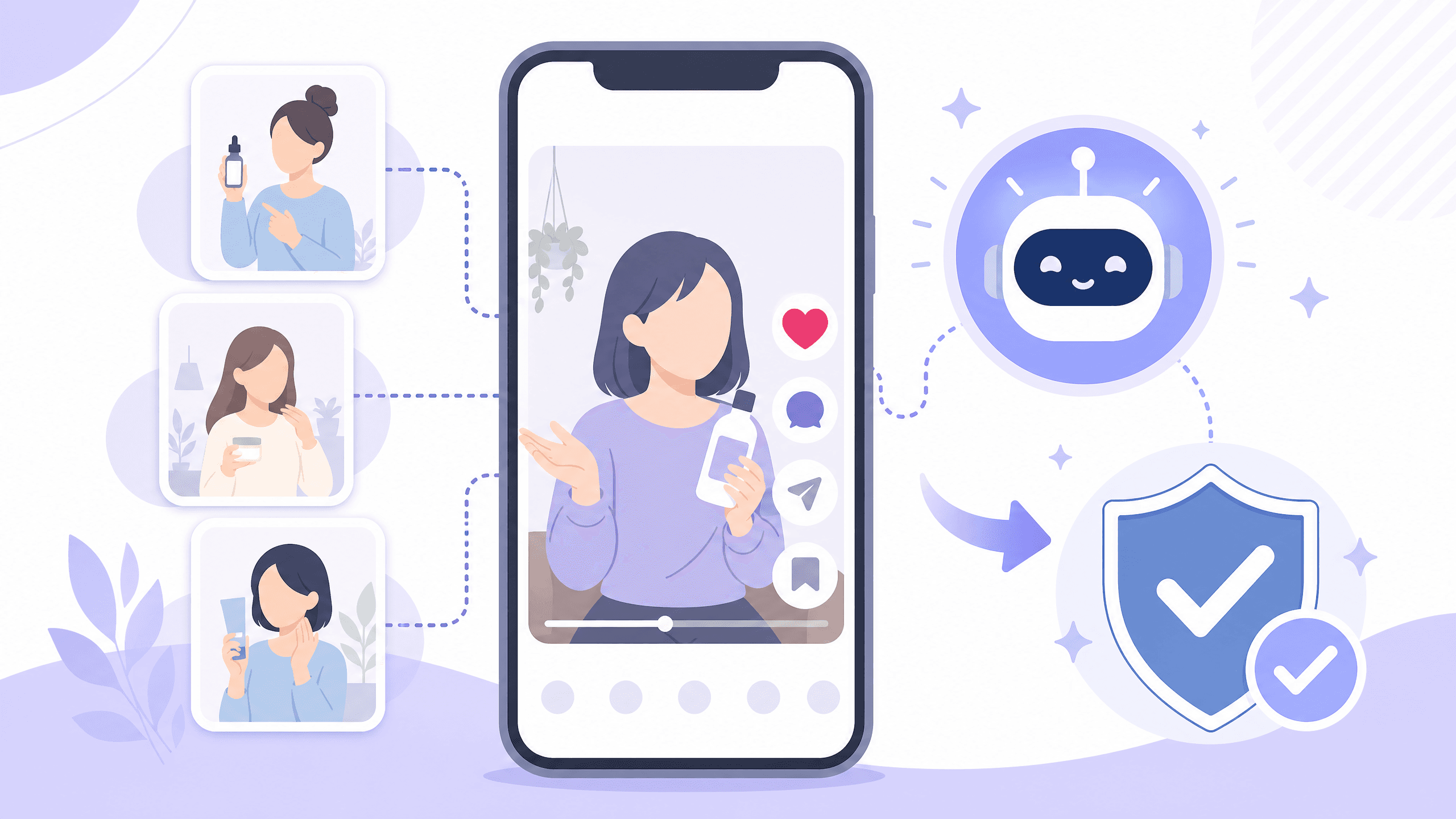 スマートフォンの投稿風動画と、制作を手伝うAI、確認済みのマークでUGC広告を表した図解