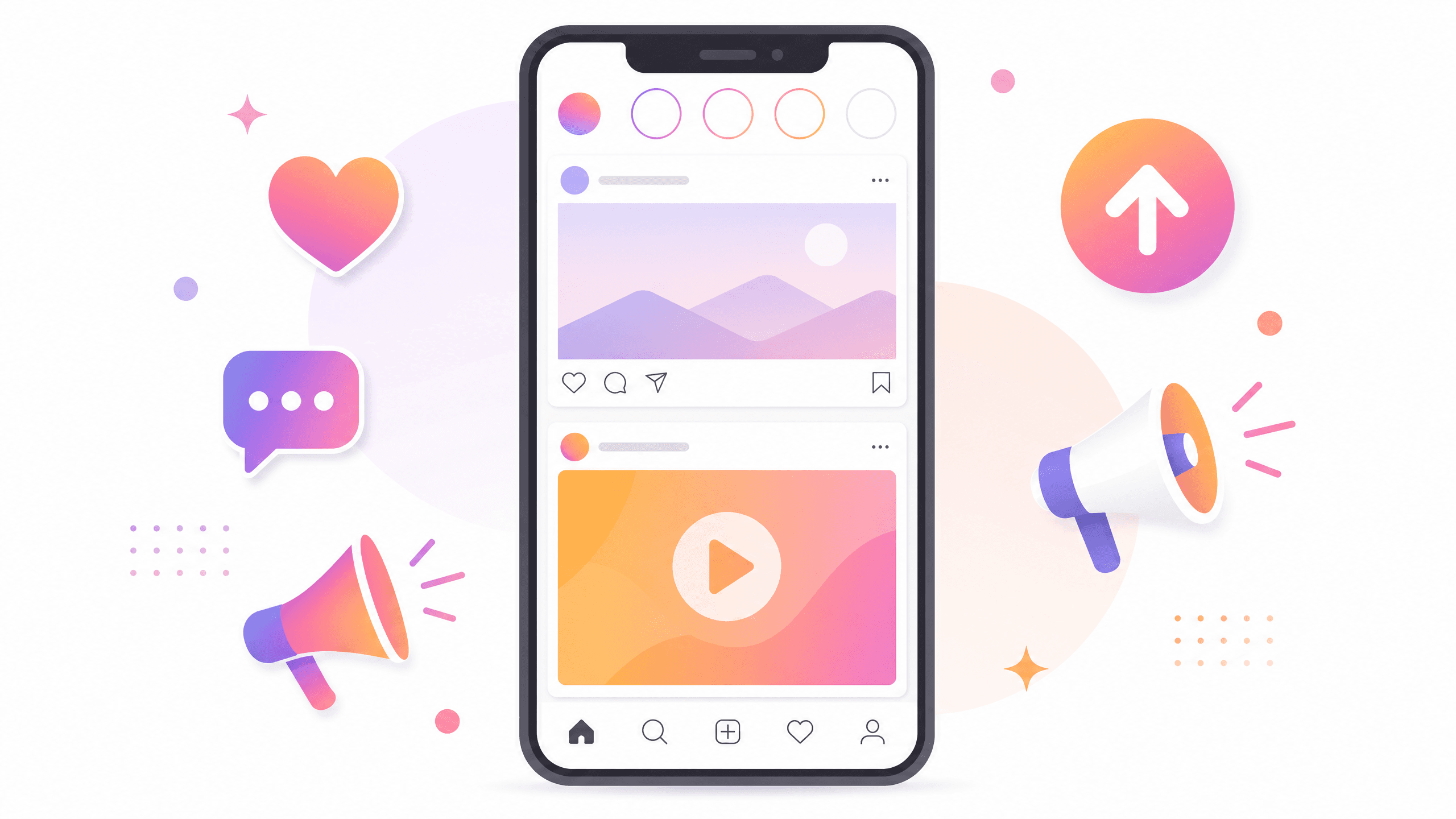 スマートフォンの写真共有アプリの画面に、写真の投稿と縦型動画の広告が並び、周りにハートや吹き出し、メガホンのアイコンが浮かぶ図