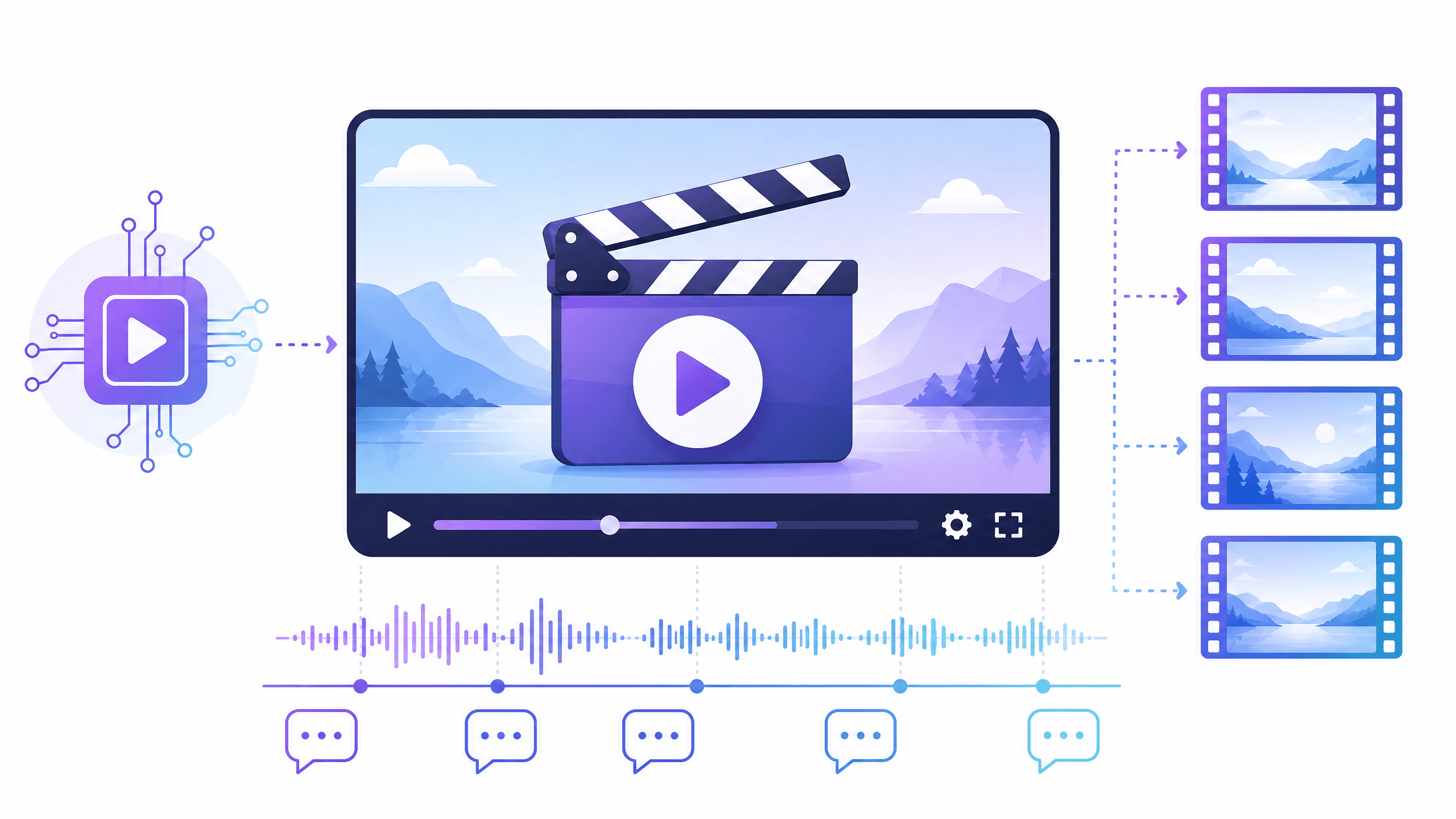 映画のカチンコと再生ボタンのある動画の画面の下に、音声の波形とセリフの吹き出しが並び、横に短いフィルムのコマが並ぶ、Veo3で映像と音声を一緒に作る様子の図