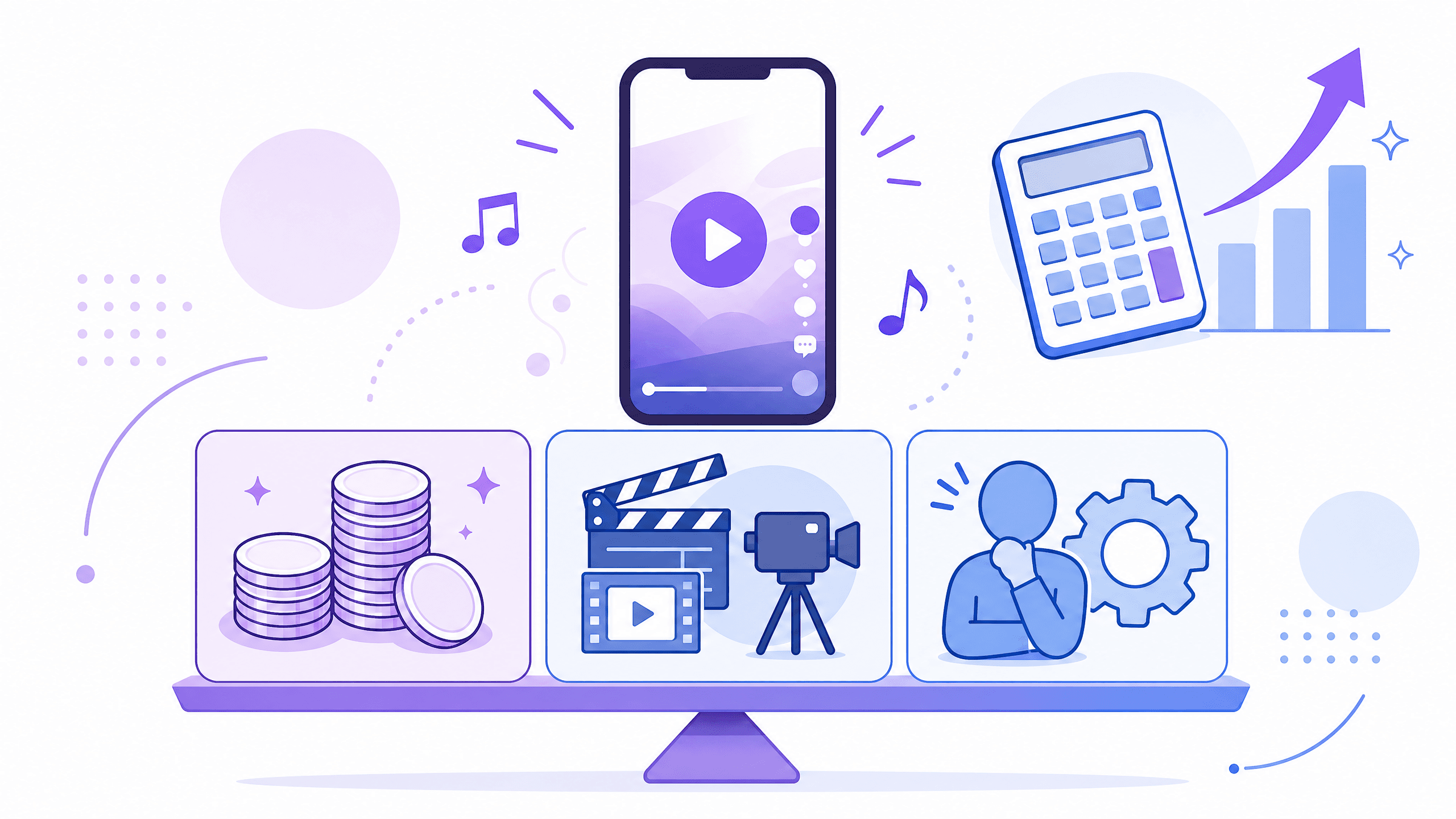 TikTok広告の費用が、配信費、動画の制作費、運用の手間の3つに分かれ、縦型のスマホ画面の動画の下に並ぶ様子を表した図解