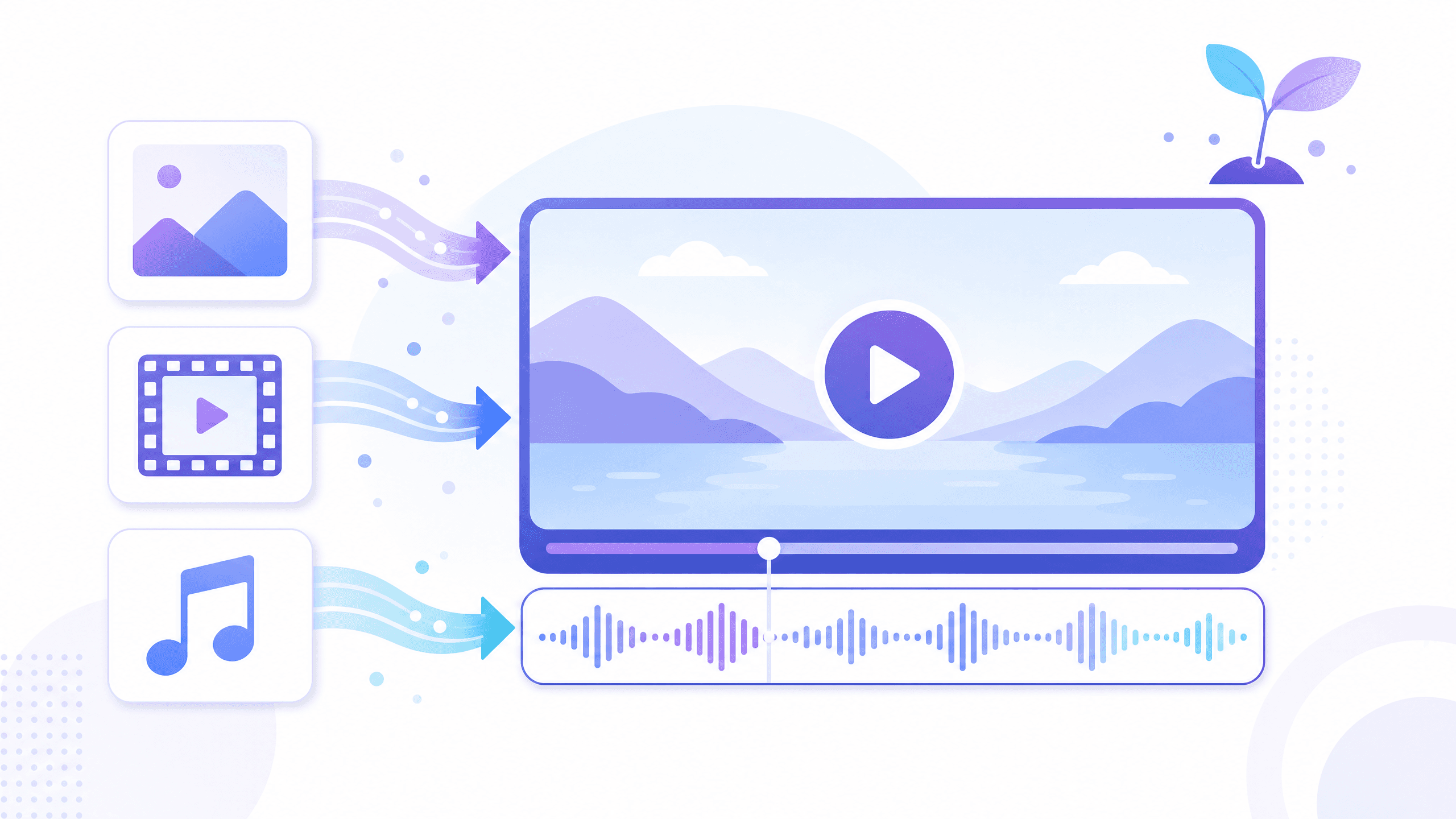 画像・動画・音符のカードが右へ流れ込み、再生ボタンのある動画の画面と、その下の音声の波形がそろって並ぶ様子を表した図