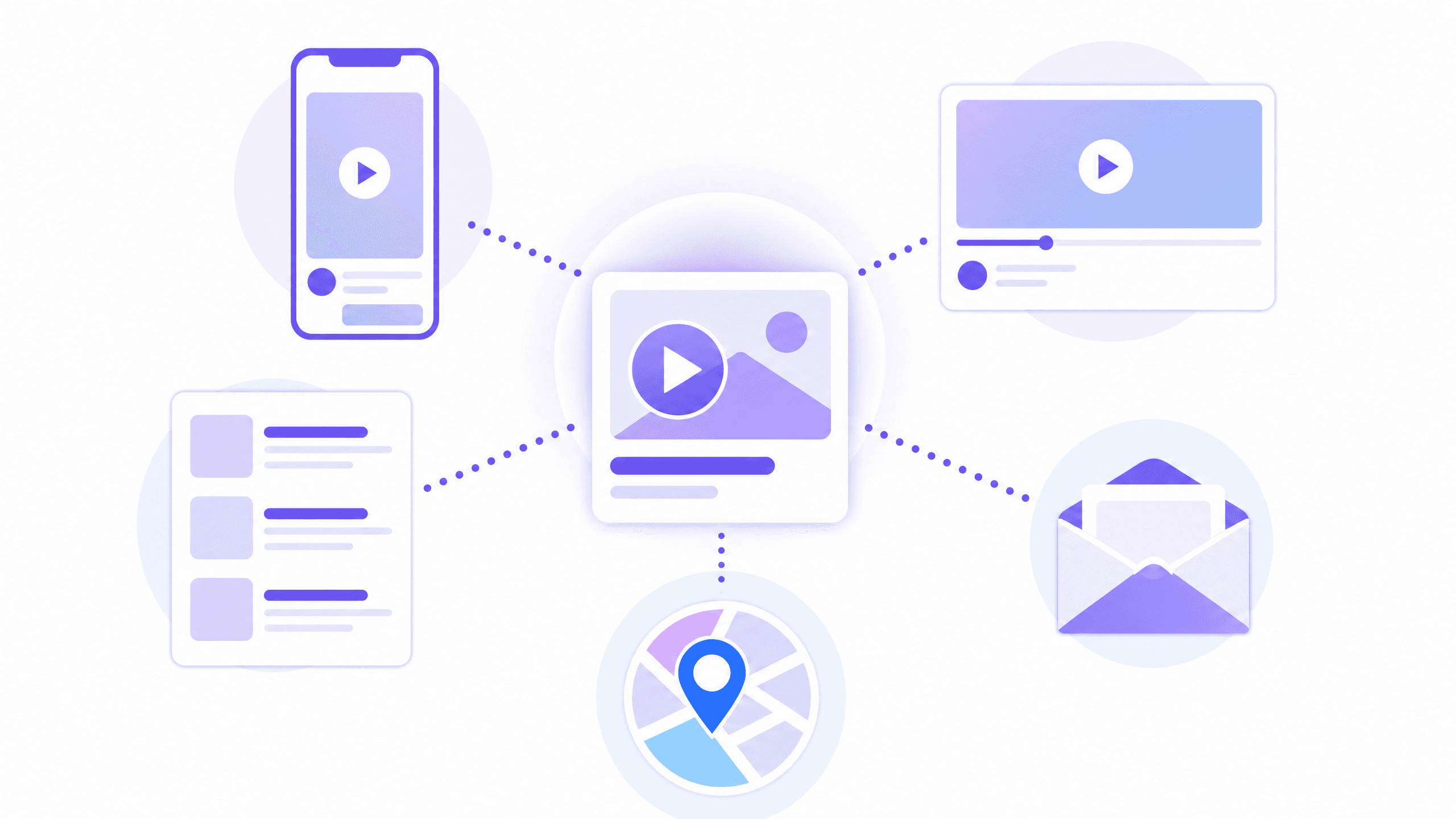 1つの広告から、動画の画面やおすすめ記事、メール、地図などに配信が広がる様子を表したイラスト